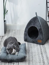  Plush Foldable Dog Cat Bed Non-slip Pet Kennel Gray Kitten House Indoor Semi-enclosed Sleeping Cats Cave Bed for Small Dogs Tent 