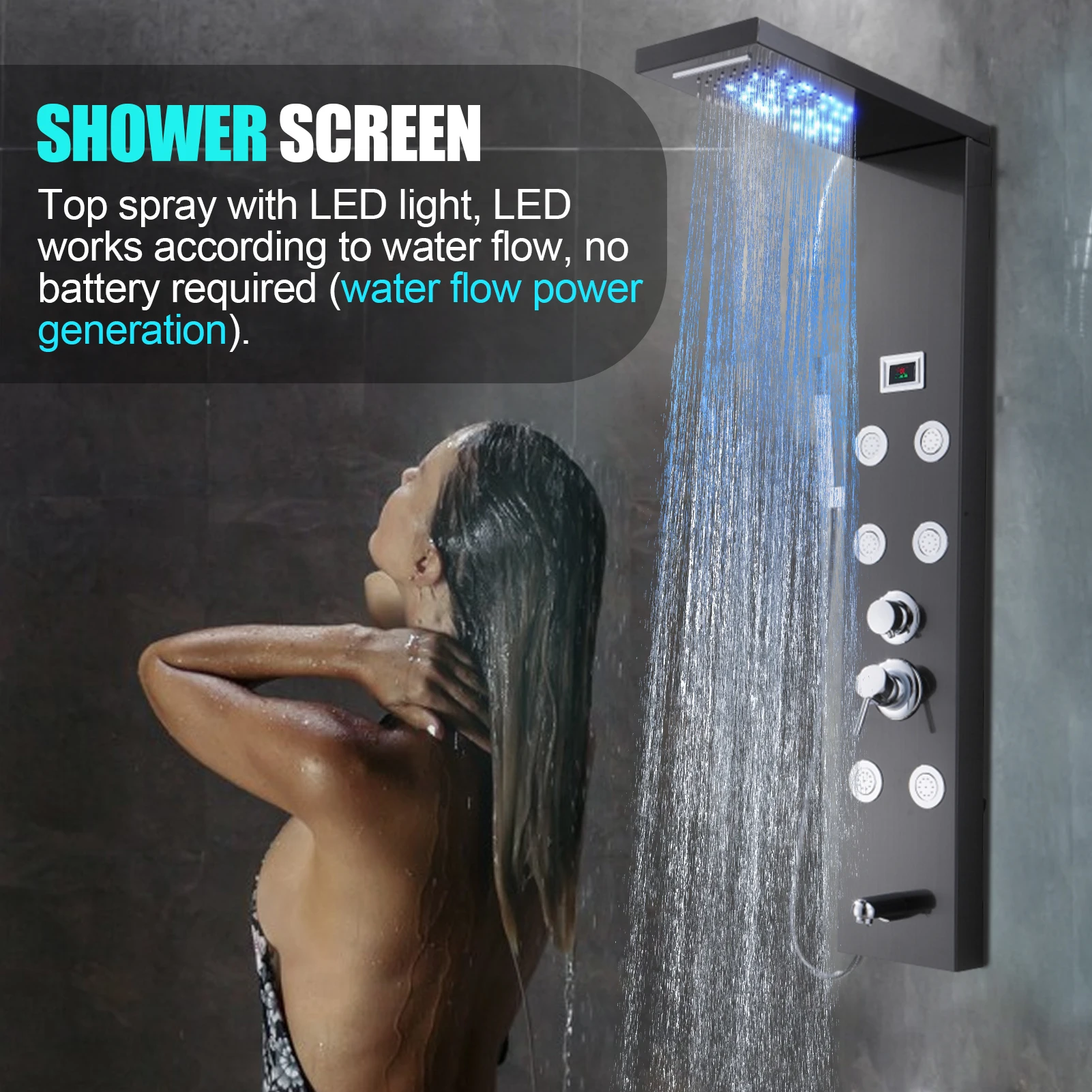 LED Shower Panel Tower System 5-Function Shower Panel Waterfall Tub Spout Horizontal Massage 304 Stainless Steel Panel 6