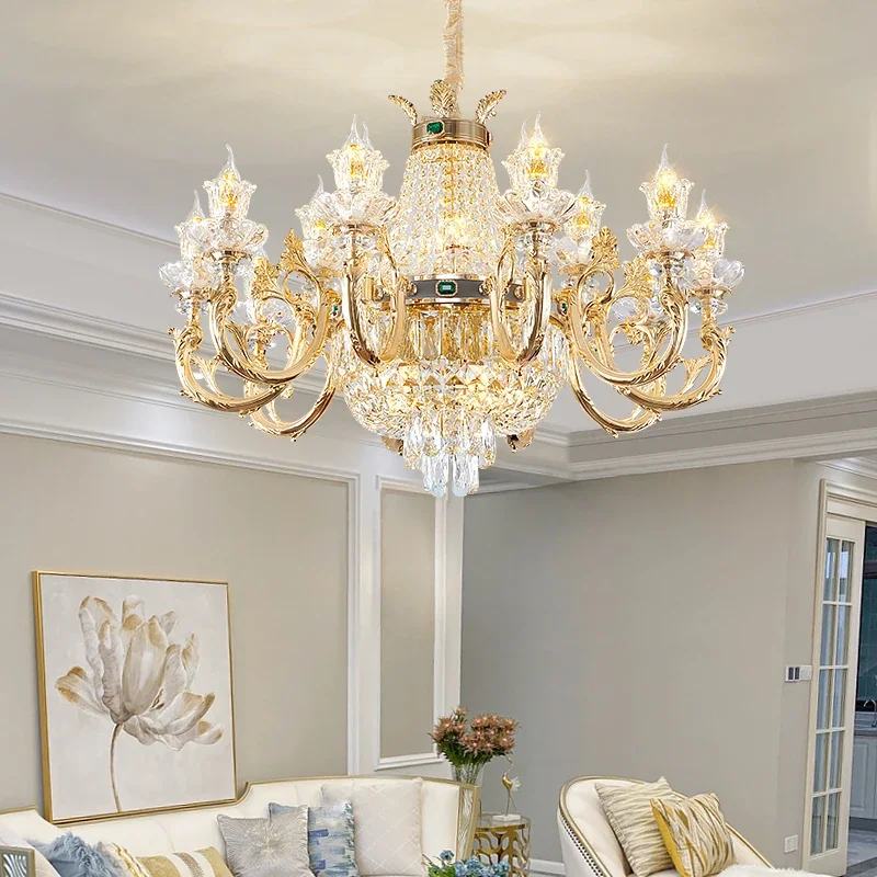 

European Style Crystal Retro Golden Chandelier Lamp For Home Living Room Bedroom Dinning Room Luxury Glass Shade Hanging Light