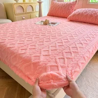 2024 New Tuff Wool Solid Color Bed Hat Autumn/winter Thickened Thermal Mattress Cover 360 Degree Wrap with Elastic Sheet 200x220 1