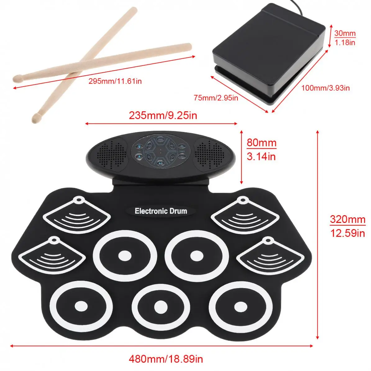 Electronic Drums 9 Pads Electronic Roll up Drum Thicken Silicone Double Speakers Stereo Electric Drum Kit
