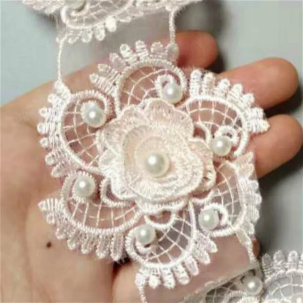 

20Pcs Wide 7.5cm Pink 3D Flower Pearl Lace Trimming Embroidery Lace Applique Dress Accessories TL01