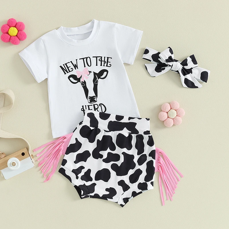 

Newborn Baby Girl Summer Clothes Western Short Sleeve T-shirt Cow Print Shorts with Tassels Headband 3Pcs Set