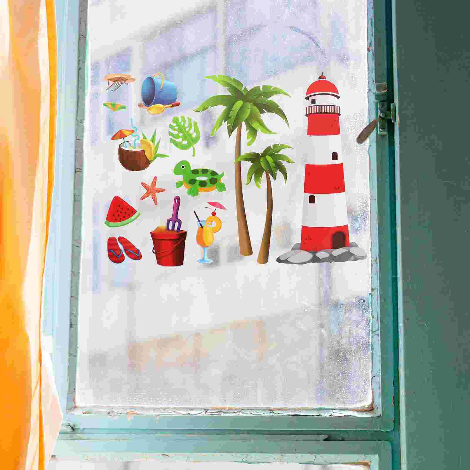 Summer Party Backdrop Hawaiian Day Stickers Beach Glass Clings Static Wall Decor Cartoon Summer Decals Holiday Window Sticker