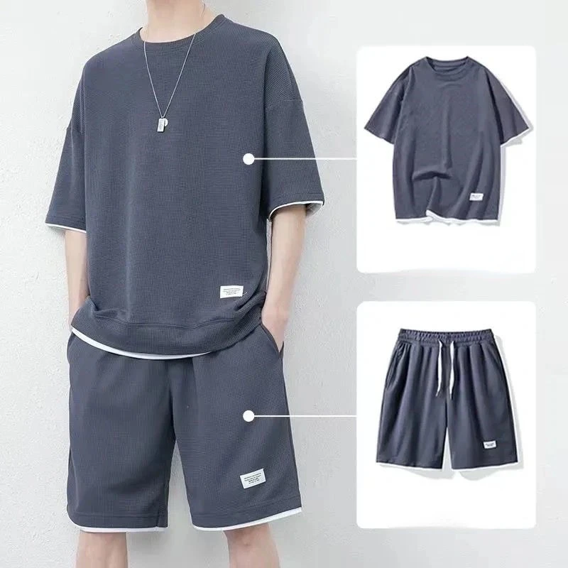 

Mens Casual Sport Suit 2024 Summer New Ice Silk Short Sleeve T-shirt Breathable Five Point Pants Two Piece Set Men Track Clothes