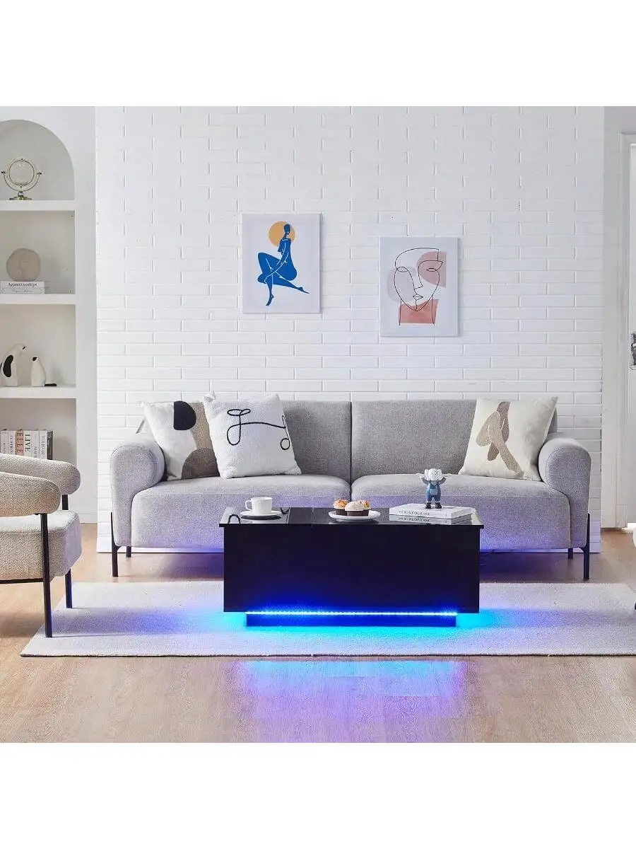 TUKAILAi Coffee Table with LED Lights and Power Strip Lift Tabletop Dining Center Table for Home Living Room Office Blac 2
