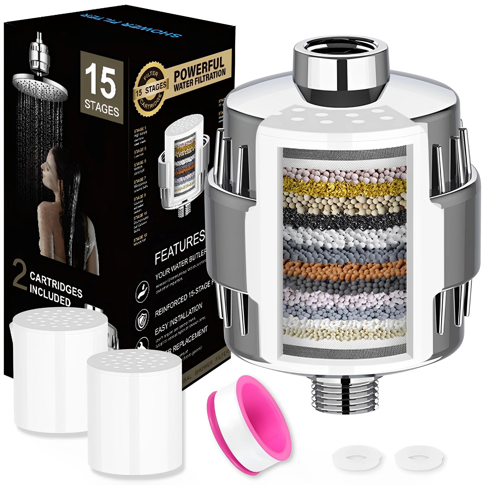

Shower Water Filter Plastic Shower Head Hard Water Filter with 2 Replaceable Cartridges Bathroom Faucet Replacement Parts