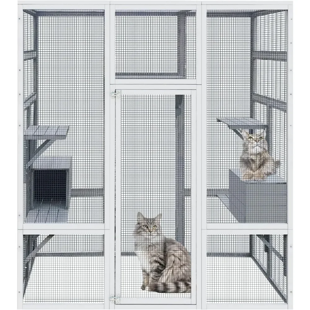 72 Inch Wooden Catio Outdoor Cat Enclosure w/ 2 Napping Houses, Luxury Kitty-House with 7 Jumping Platforms