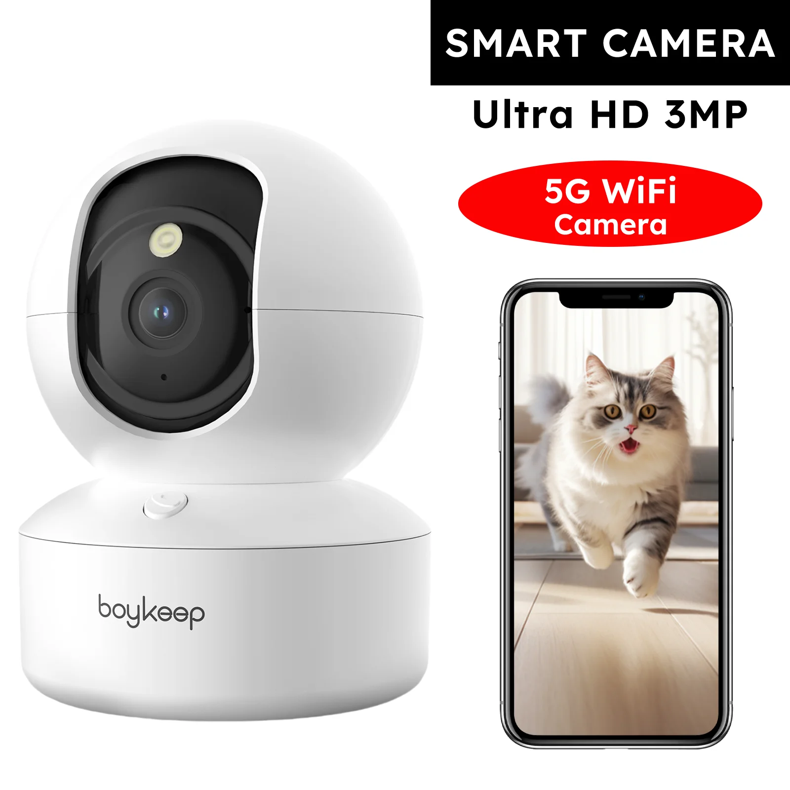 Câmera para cães de estimação Boykeep 2K com aplicativo de telefone, câmera de segurança interna WiFi 5G / 2,4 GHz para bebês, 360 °   Pan & Tilt, Áudio bidirecional, Visão noturna