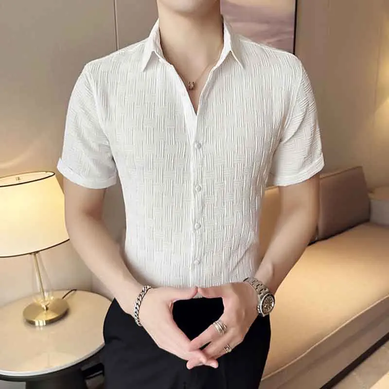 Koreon Clothing Men Summer White Shirts Smart Casual Streetwear Fashion Lapel Single-breasted Short Sleeve Jacquard Slim Tops