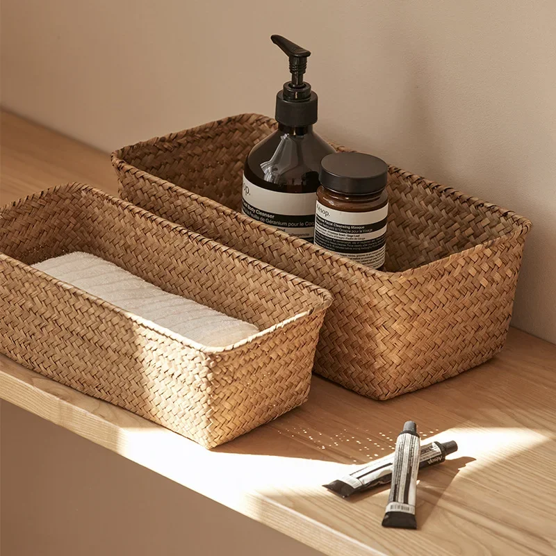 Bathroom Storage Basket Home Storage Basket Box Grass Woven Rectangular Storage Container Sundries Kitchen Drawer Organizer - 2