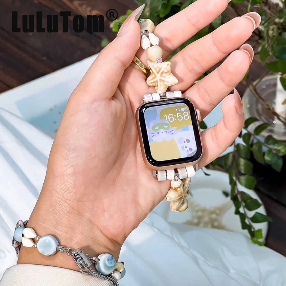 Pulseira de Metal para Apple Ver Uitra de 49 mm 45 mm 44 mm Pulseira de Relógio de Luxo com Estrela-do-mar e Concha para Iver Series se de 42 mm 40 mm 38 mm