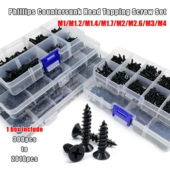 1 Box Mix M1 M1.2 M1.4 M1.7 M2 M3 M4 Black Steel Mini Micro Cross Phillips Flat Countersunk Head Self Tapping Wood Screw Set Kit