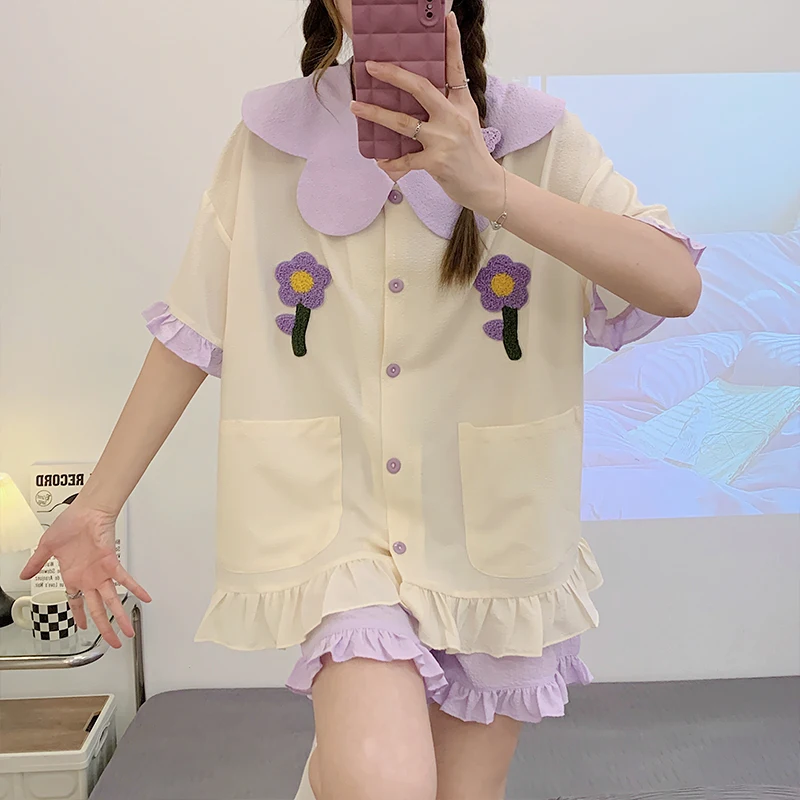 Sleepwear Women's Summer Thin Short Sleeve Shorts Woven Wrinkle Cardigan Plant Small Flowers Sweet and Cute Home Fury Set M-XXL