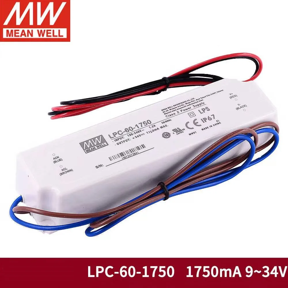 MEAN WELL LPC-60-1750 정전류 단일 출력 스위칭 전원 공급 장치,  LED 드라이버, IP67, 1750mA, , 신제품