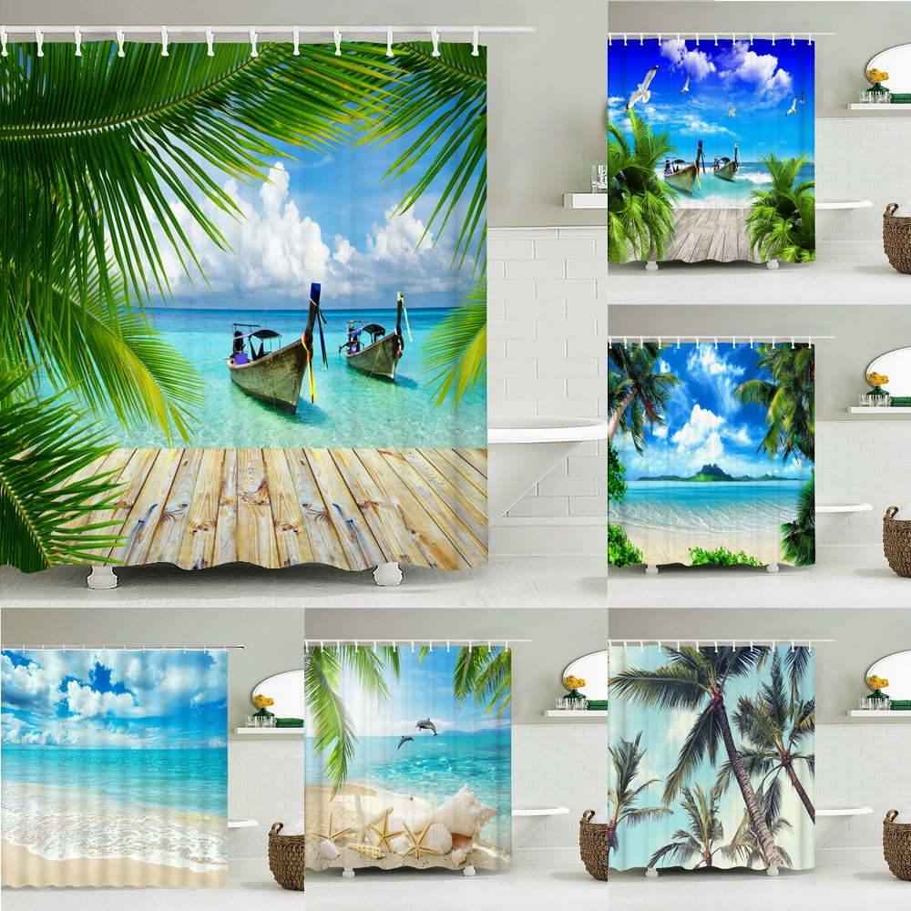 Beach Sea Palm Trees Shower Curtains Scenery Waterproof 3d Bathroom Curtains With Hooks Home Decoration Washable Bath Screen