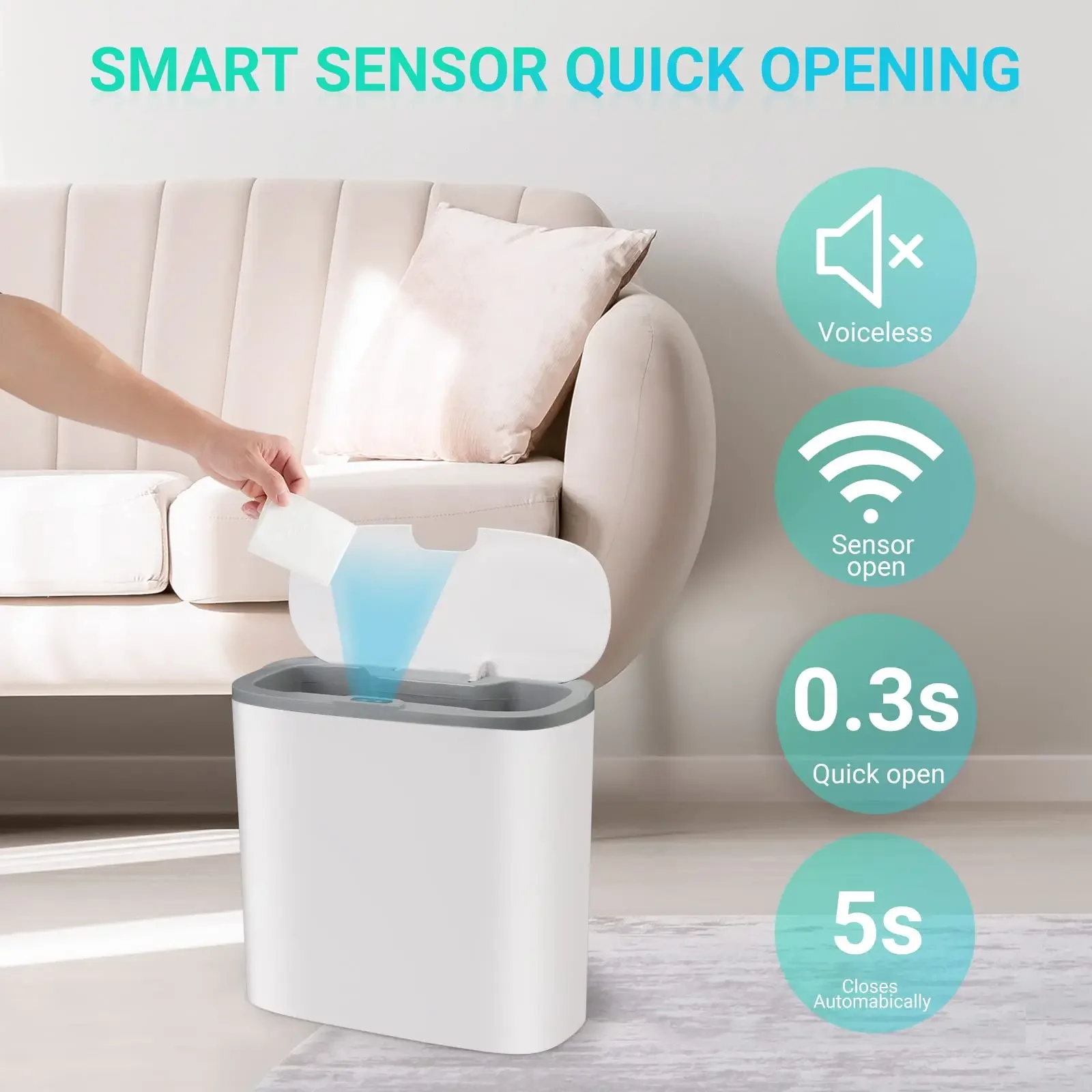 Touchless Motion Sensor Trash Can - Automatic Waterproof Slim Garbage Bin for Bathroom and Kitchen