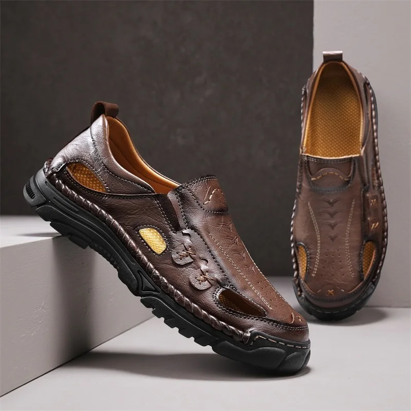 Fashion Men's Retro Casual Leather Vintage Sandals Comfortable Outdoor Walking Shoes Beach Flats Hollow Out Man Sneakers_vogvips.com