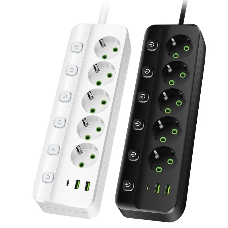 EU Plug Power Strip with 3/5 Outlets, Dual USB Ports, and Type C Socket - 2M Cord with Safety and Fire Prevention Features