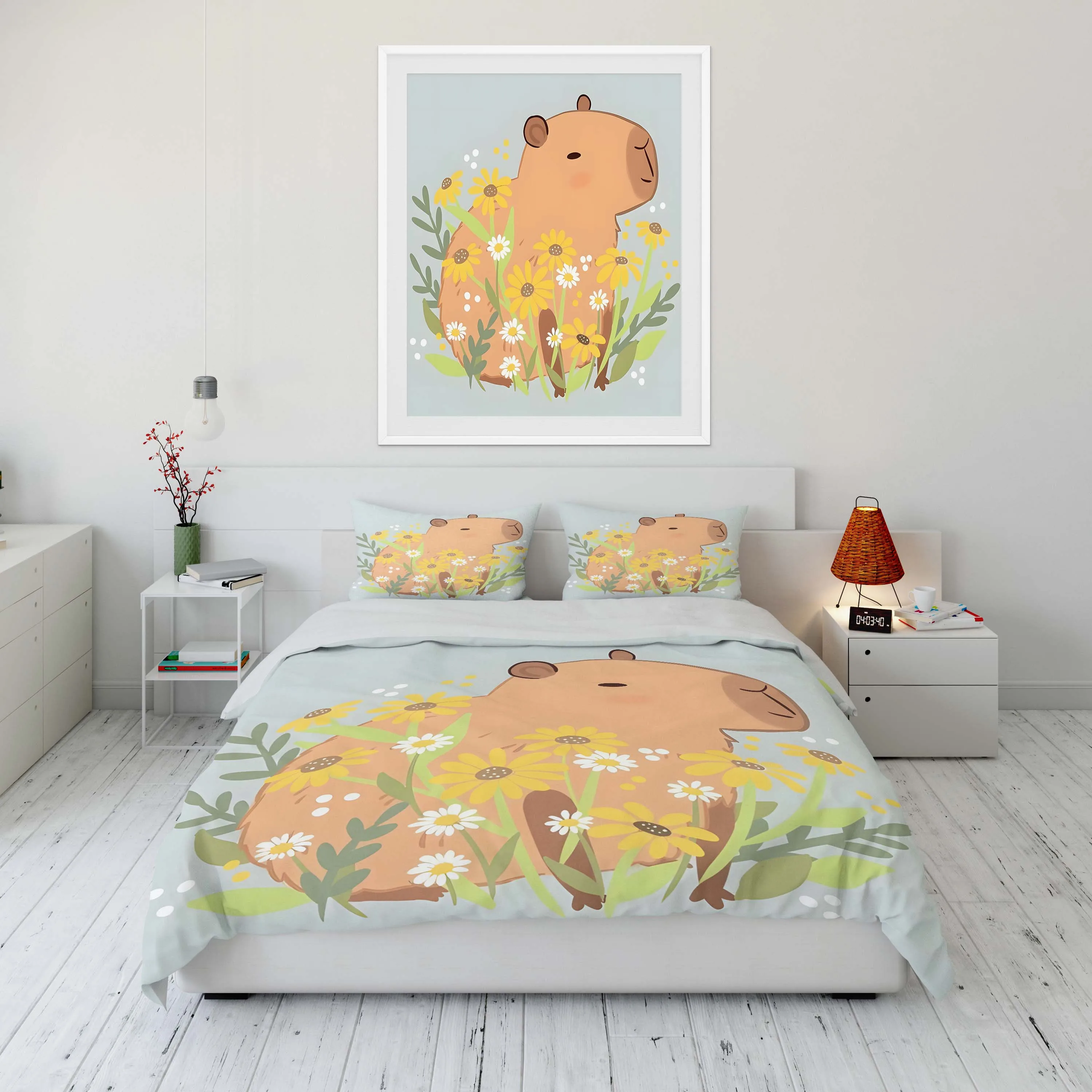 

10 Sizes MINISO Capybara Printed Bedding Set Cartoon Anime Microfiber Bed Set Pillowcase Adult Bed Cover Bedroom Bed Set Duvet