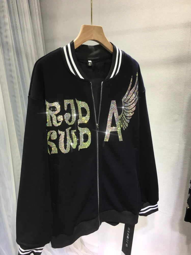 

Shiny Letters Hot Drill Women Outwear Autumn Winter Thicken Velvet Cardigans Baseball Jacket Stand Collar Harajuku Oversize Coat
