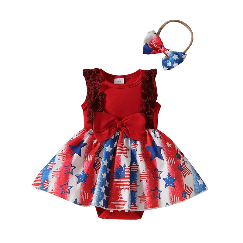 

VISgogo Baby Girls Independence Day Romper Dress Sleeveless Stars Print Romper with Headband 2pcs Summer Clothes