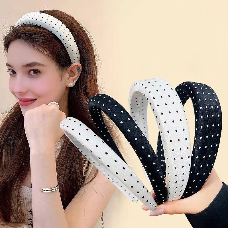 Elegant Black and White Polka Dot Headband 1pc elegant retro polka dot headband women black white wide  main image 3