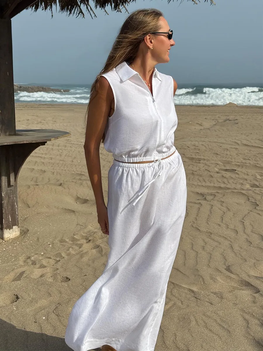 Bornladies Women's 2026 Spring Summer New Two-Piece Set Collared Zip Sleeveless Tank & High-Waist Split Midi Skirt Outfit