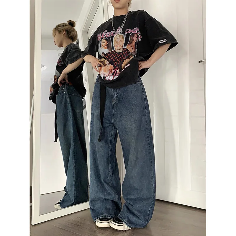 

Vintage Blue High Waisted Jeans Y2K Loose Wide Leg Jeans Women Fashion Women Clothing Straight Leg Trousers Jean With Belt