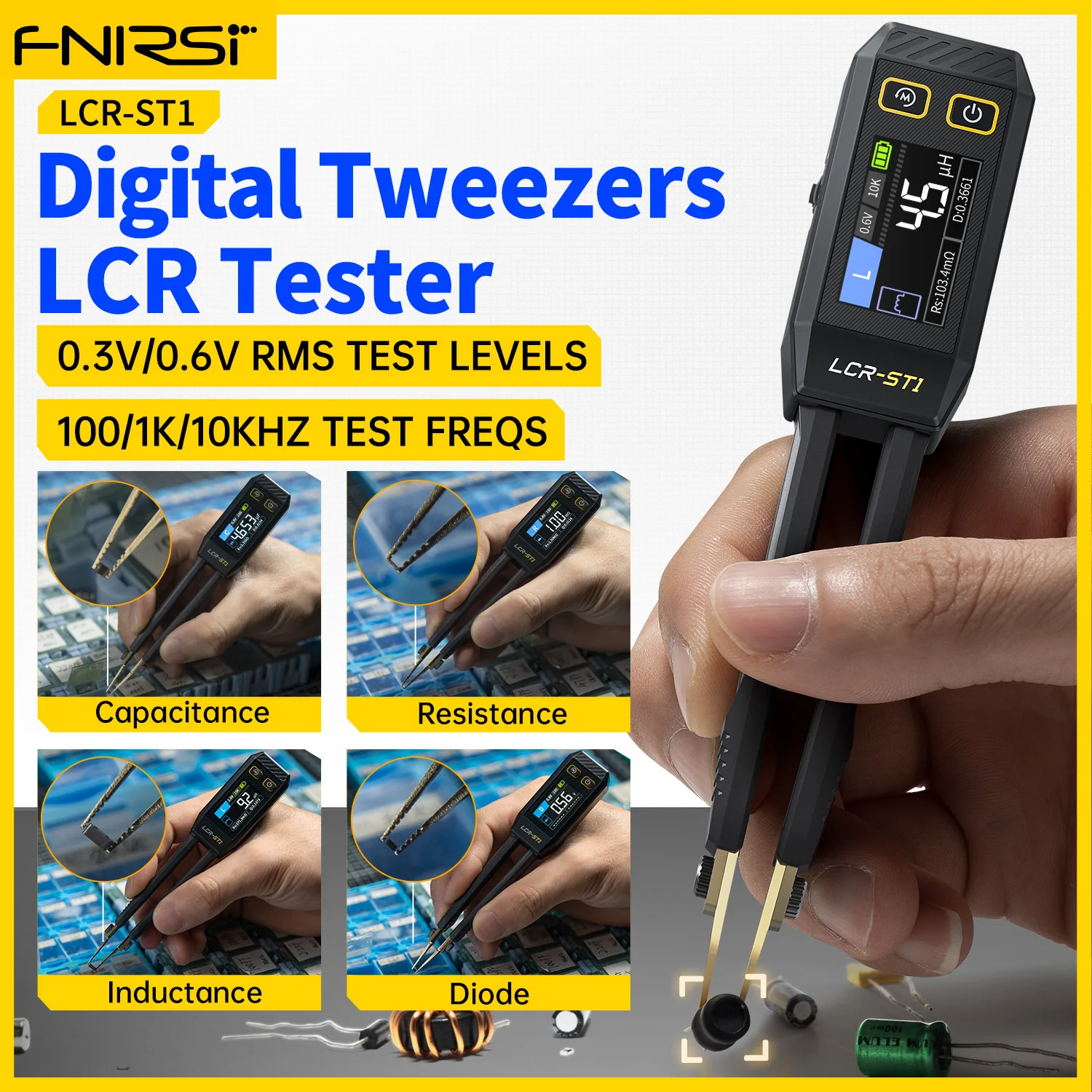 LCR Tester FNIRSI LCR-ST1 Mini Smart Tweezer LCR SMD ESR Tester Resistance Capacitance Inductance Continuity Diode Test Measurement Tools