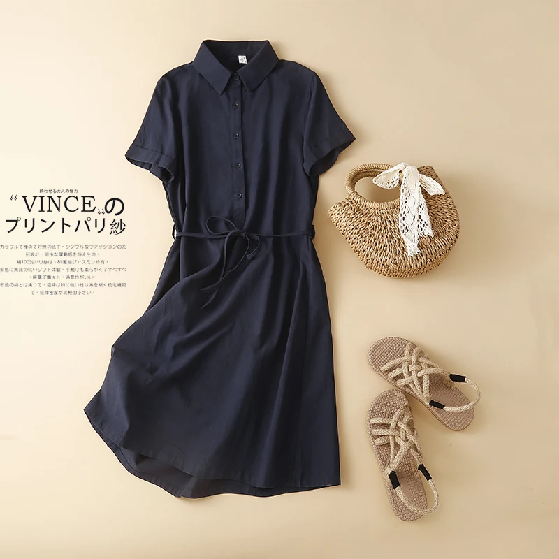 

Summer Linen Cotton Single Breasted Short Sleeve Dress Women Solid Oversize Robe Casual Loose Lace Up Shirt Dress X1264