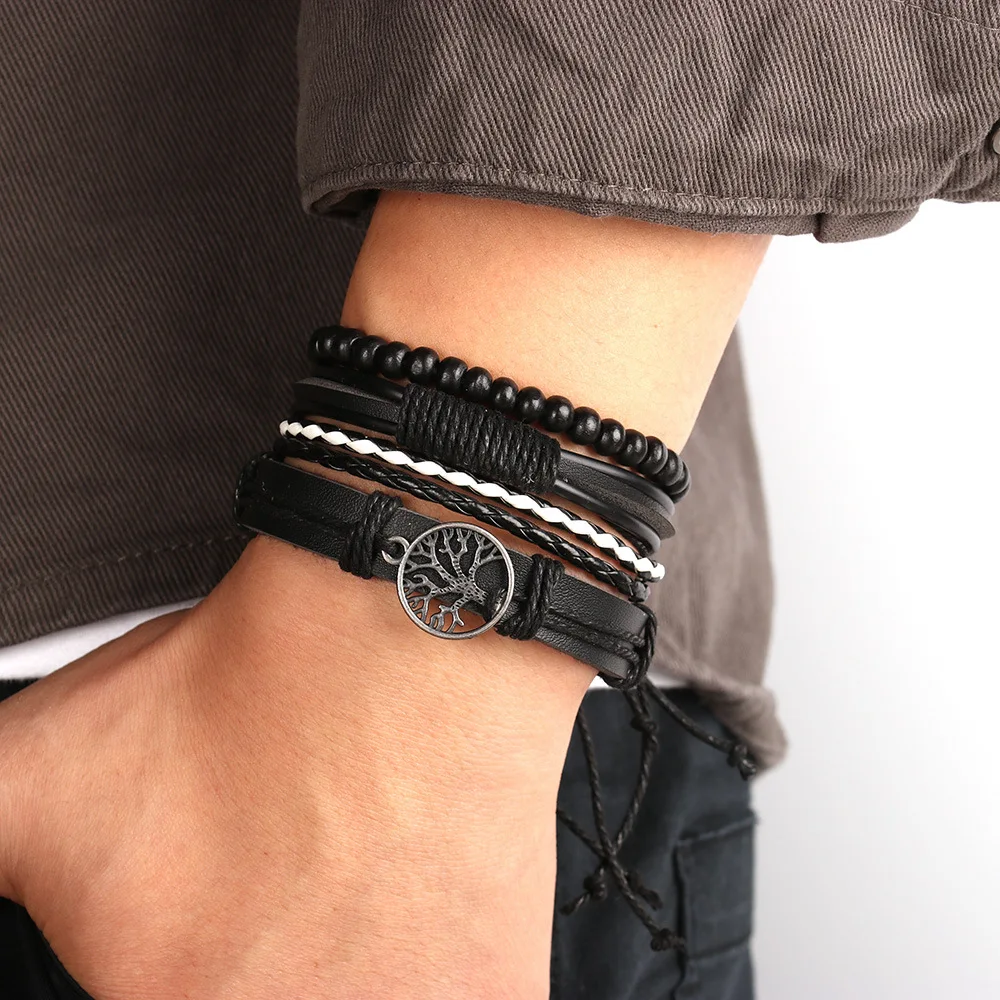 Tree of Life Alloy Accessories Four Combination Set Leather Men's Bracelet Leather Bangle Wooden Beads Hand-woven Leather Ornament