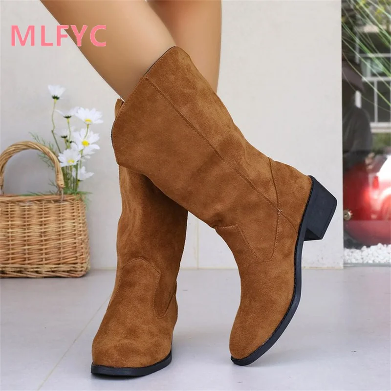 Women's Foreign Trade Large Round Toe Thick Heel Mid Sleeve Boots Female Winter New Lightweight Comfortable Non Slip Women Boots