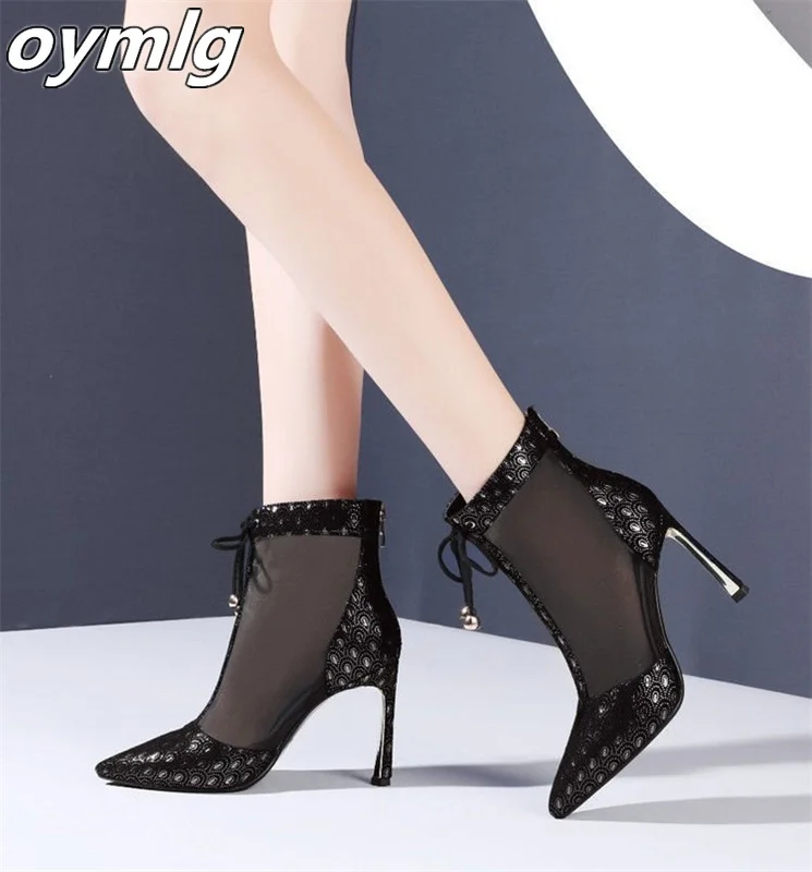 Mesh Cool Boots for Women 2023 Spring/Summer New Fashion Baotou Thin Heel Pointed Back Zipper High Heel Sandals for Women