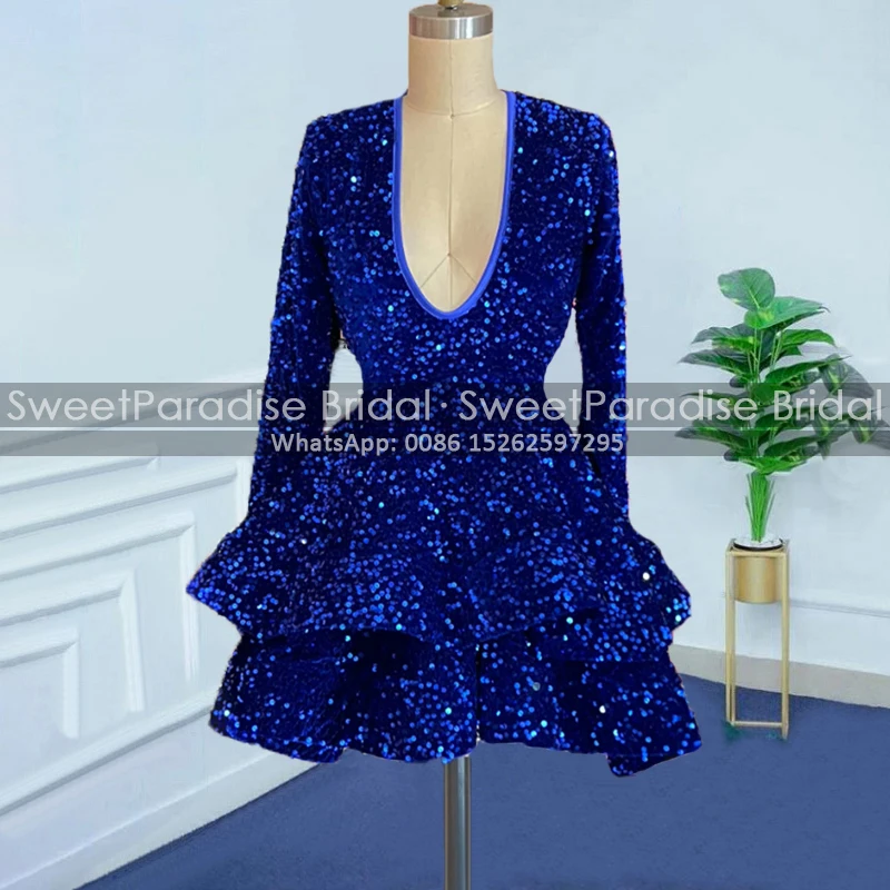 

Long Sleeves A Line Short Evening Dress Royal Blue Sequins Deep V Neck Ruffles Tiered Skirt Mini Prom Dresses For Women