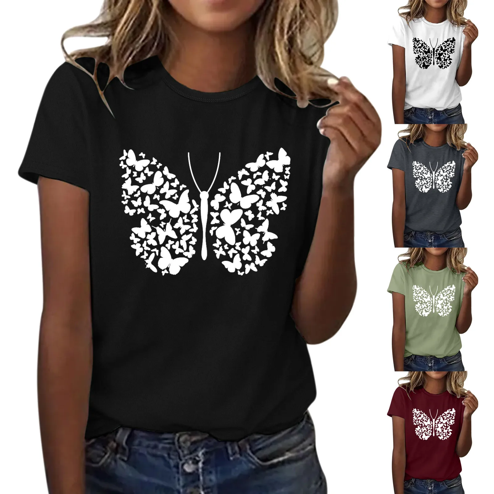 

Summer T Shirts Ladies Butterfly Print Round Neck Short Sleeve TShirt Top Sleeve Tops Women Womens Shirt Vest