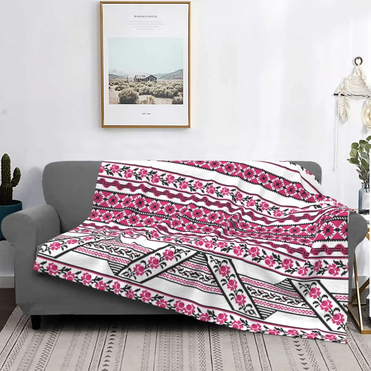 

3D Printed Fleece Bold Colorful Ukrainian Embroidery Throw Blanket Warm Flannel Ukraine Bohemian Blankets for Home Bedspreads