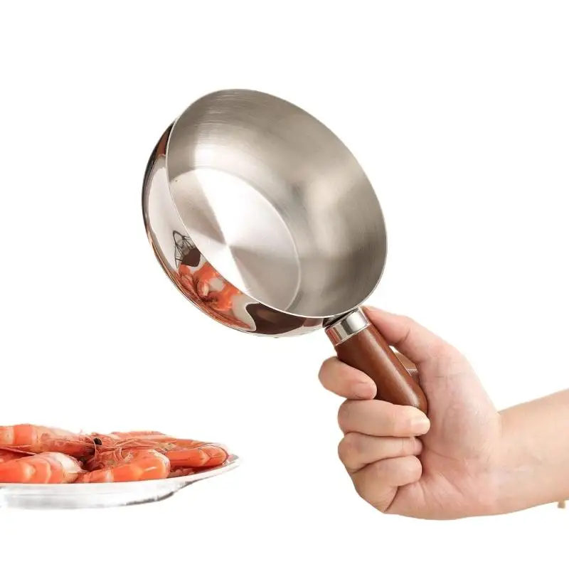 1pcs Single-person Pot Stainless Steel Bowl Walnut Wood Handle Fruit Salad Yogurt Bowl Breakfast Cooking Tool Kitchen Restaurant