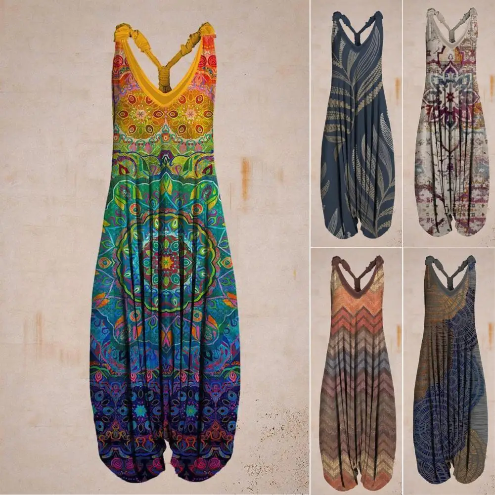 Women Jumpsuit V Neck Breathable Loose Ethnic Style Print Patchwork Streetwear All Match Sling Harem Jumpsuit For Beach