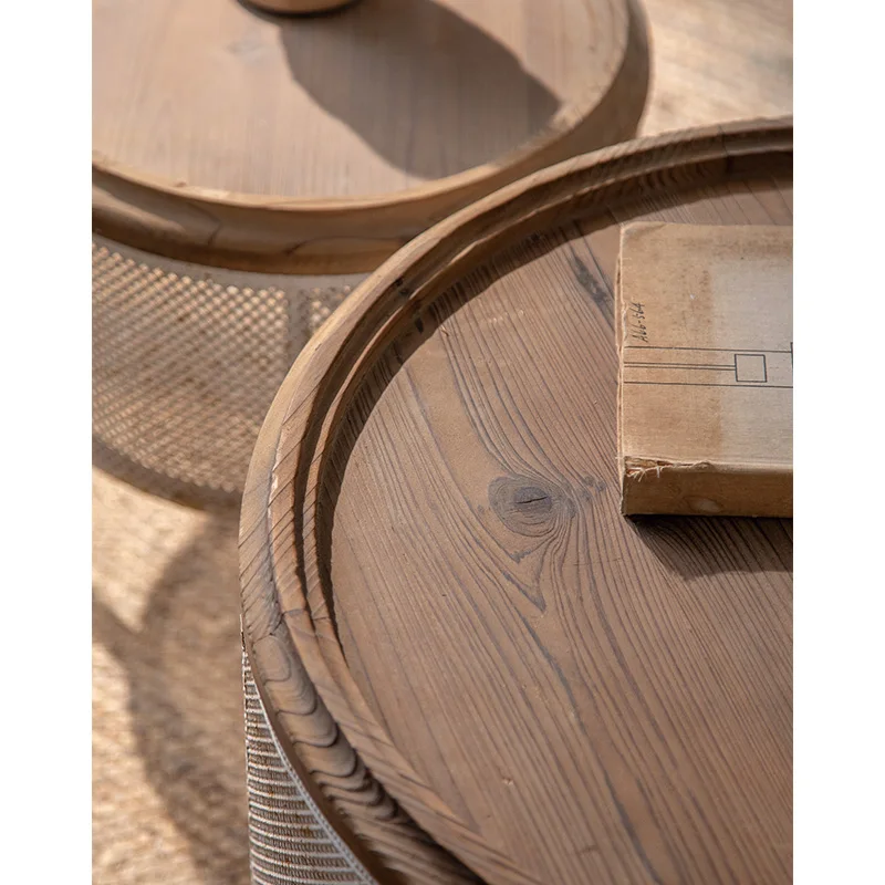 Rustic Round Coffee Table Set, Pine Wood Top with Cut-Out Iron, Space-Saving Design for Small Apartments
