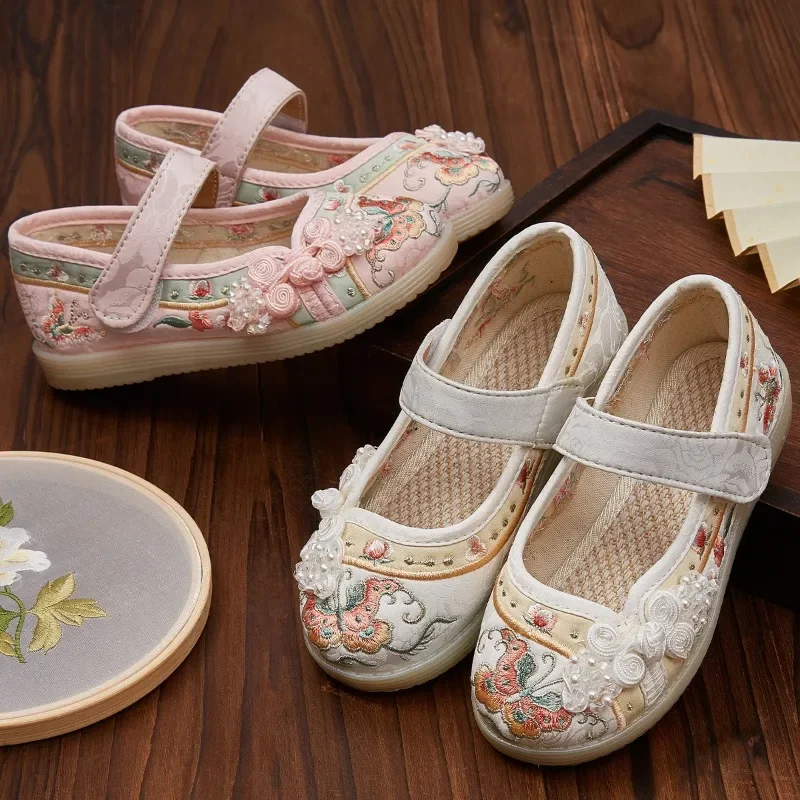 Kids Hanfu Shoes Sweet Embroidery Flower Girl Princess Shoes Fashion Chinese Ancient Style Children's Causal Flat Cloth Shoes 5