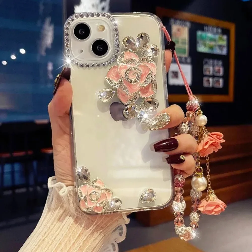 

Bling Luxury Diamond Camellia Flower Strap Phone Case Capa For Xiaomi Redmi 9A 9C Note8 9 Pro Note 10S Note11 Pro 12 Pro Covers