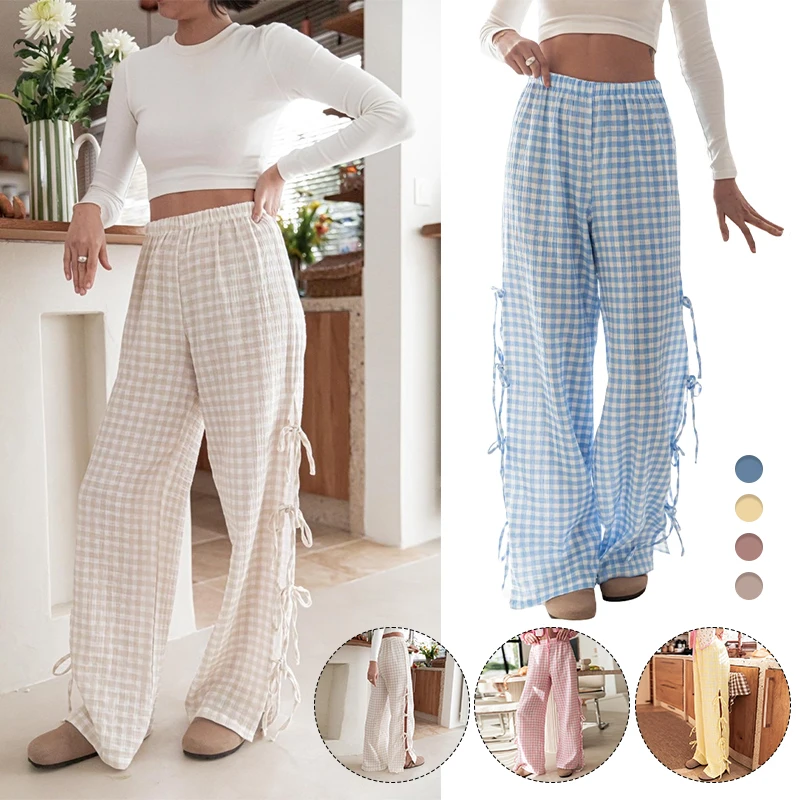 Women Spring Summer Thin Wide-Leg Pants Plaid Printed Side Tie-Up Casual Loose Trousers Lady Straight Sweatpants Bottoms