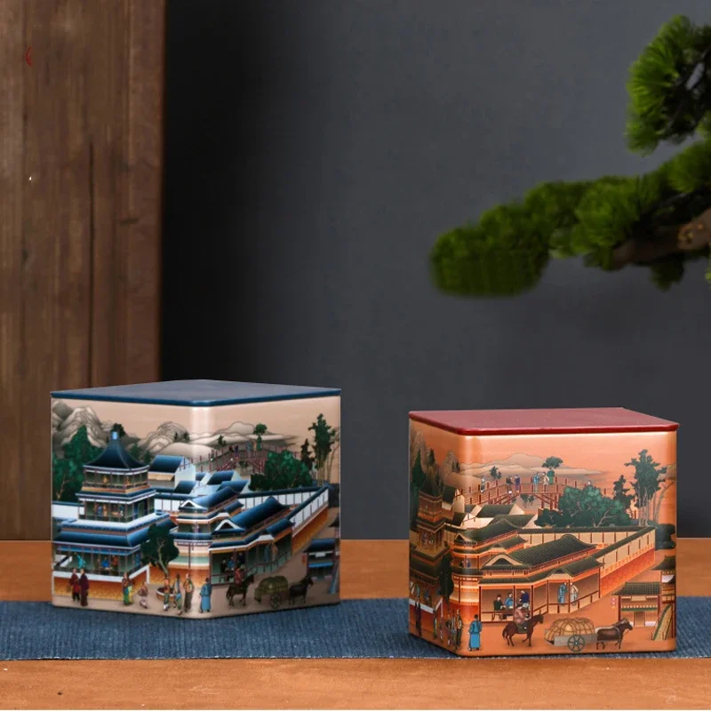 Tea Tin Box Tea Canister Creative Square Tea Jar Tinplate Storage Jar Chinese Candy with Lid Storage Box Living Room Decoration Home Decoration