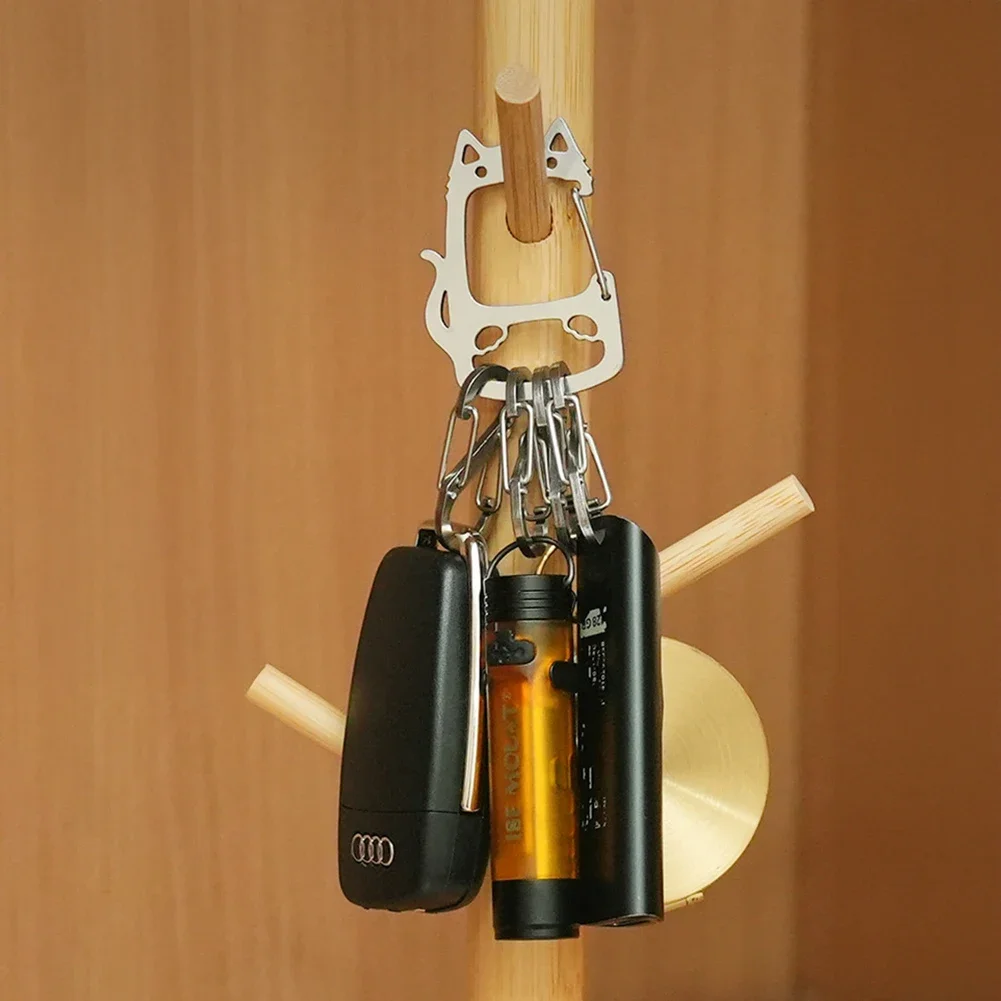 1Pc Stainless Steel Lucky Cat Keychain Ornament with Creative S Hook Design Outdoor Keyring Perfect for Camping Key Management