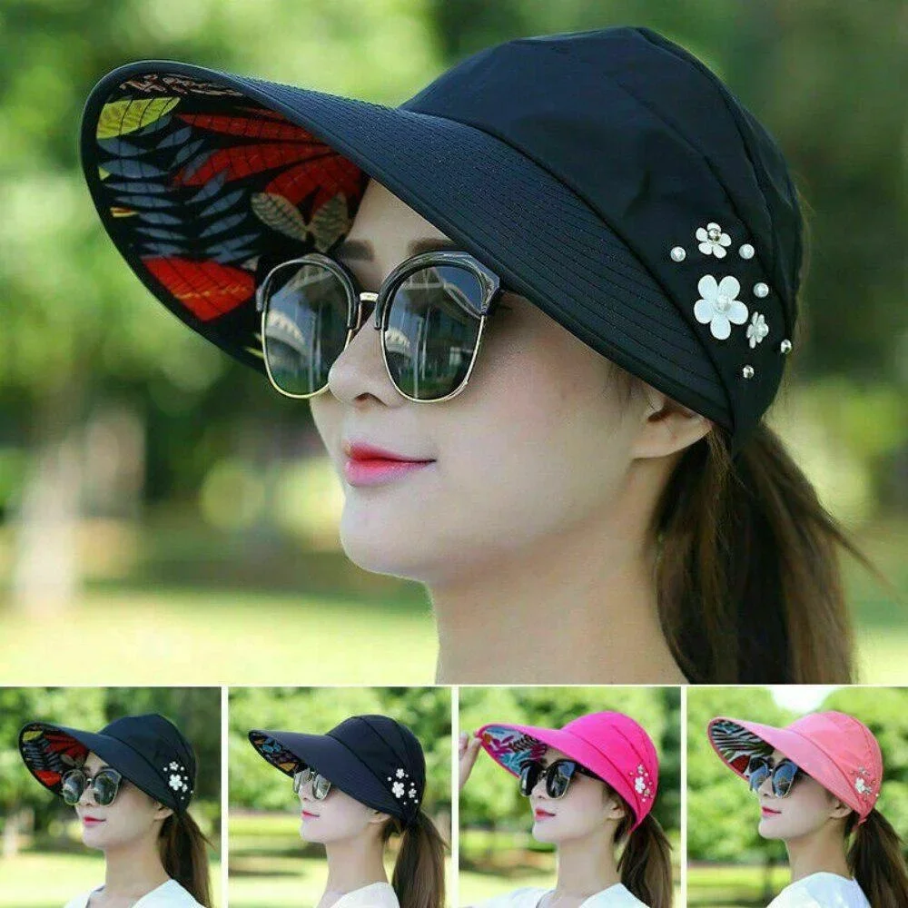 Casual Women Summer Wide Brim Sun Visor Hat Adjustable UV Protection Foldable Sport Empty Top Cap Beach Cap Fast Dry Cap