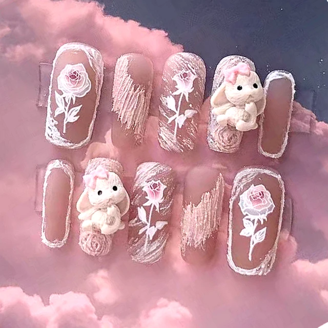 Long Coffin Cute Kawaii Press on Nails 3D Cartoon Hot Pink Rabbite