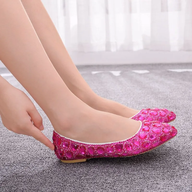 Girl Pink Rose Rhinestone Shoes Pointy Plus Size Flat Crystal Wedding Dress Bridesmaid Flat Shoes Women 2
