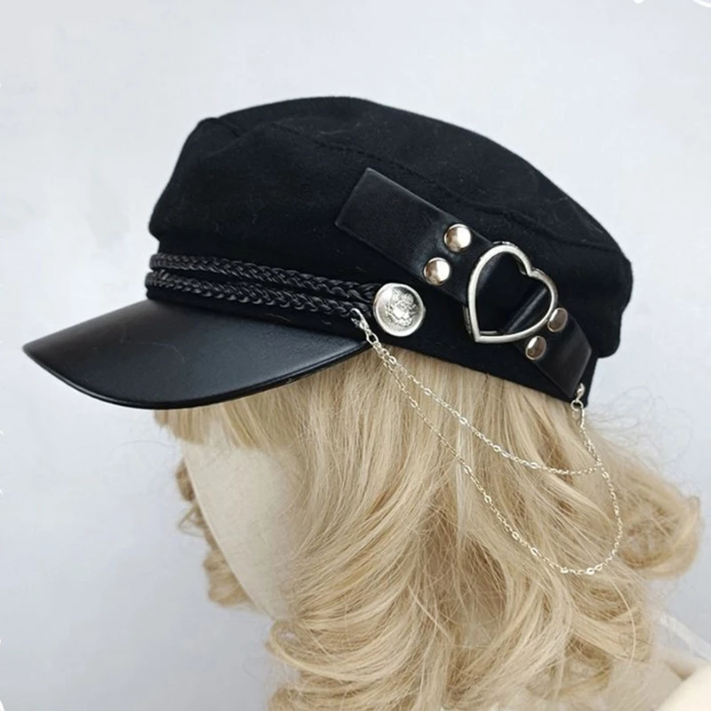 Lolita Girls Felt Beret Cap with Love Heart Buckle Belt Women Fashion Tassel Chain Octagonal Adult Teens Party Cosplay_voghion.com