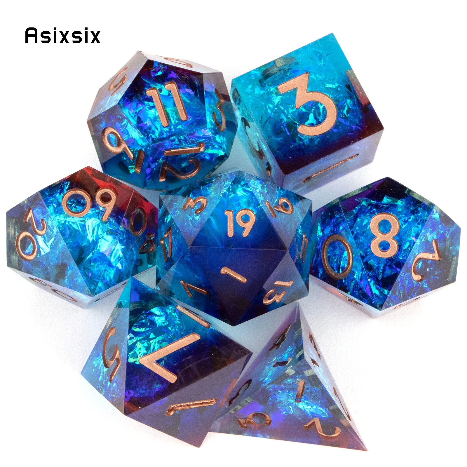 7개 레드 블루 레진 골든 넘버 샤프 엣지 다면체 주사위 롤플레잉 RPG 보드 게임 카드 게임에 적합